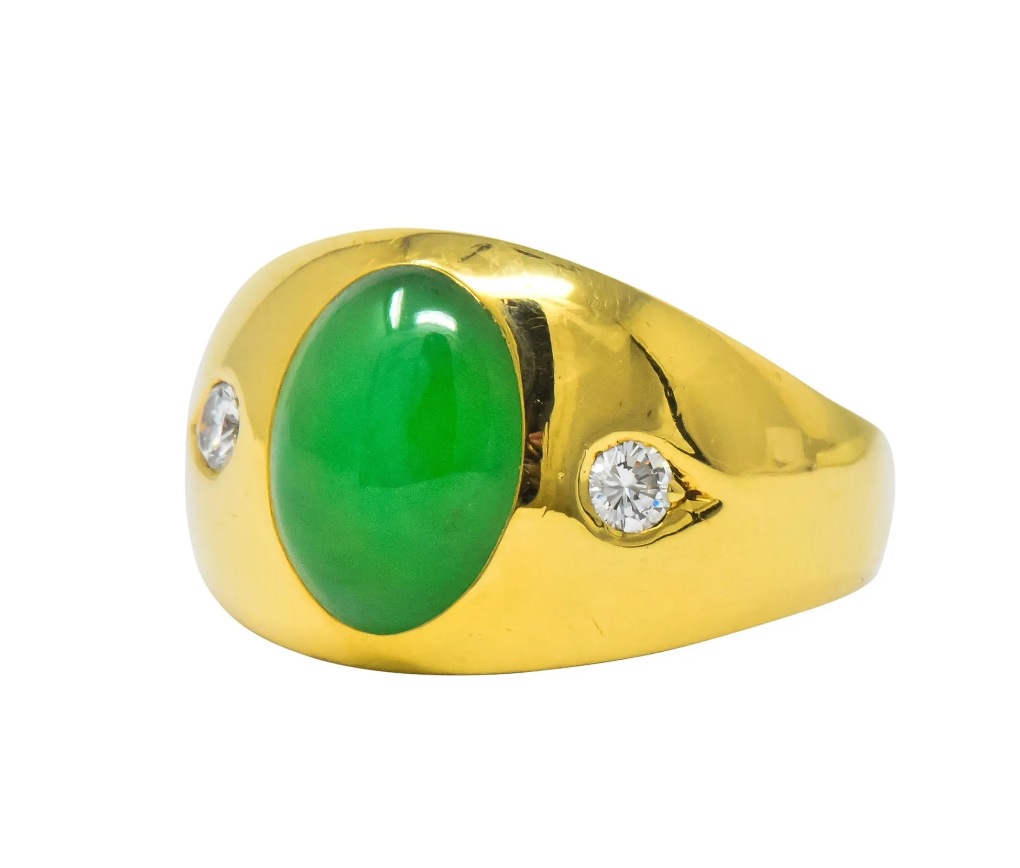 1950's Jadeite Jade Cabochon Diamond 18 Karat Gold Unisex Ring GIA