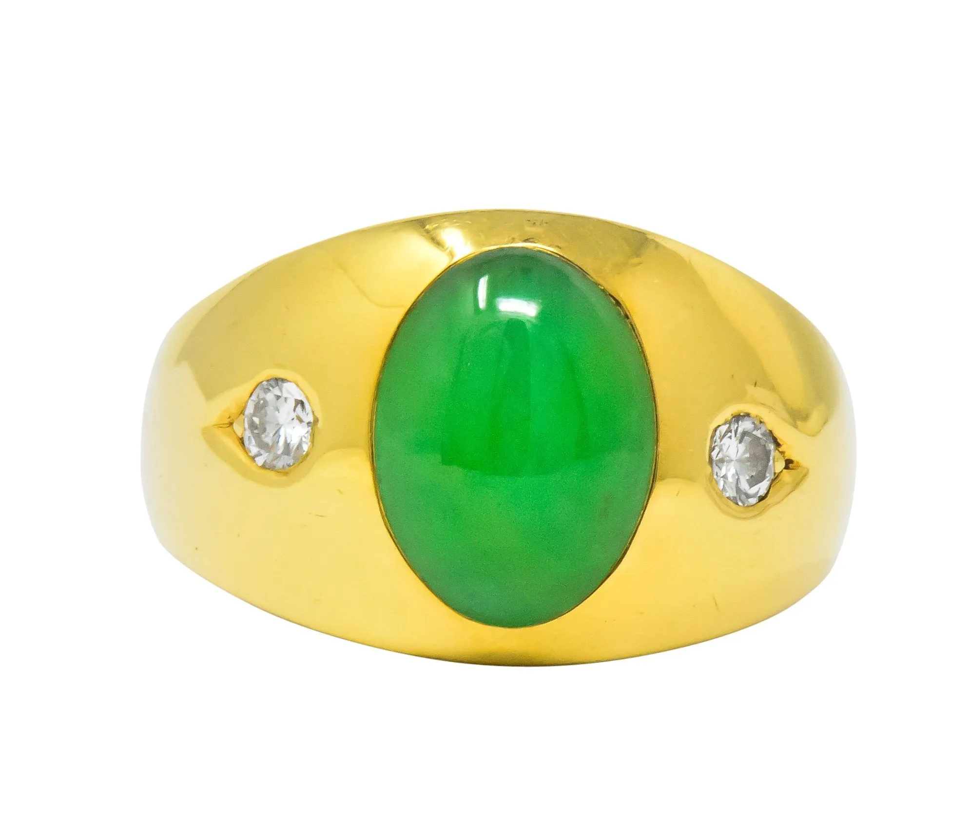 1950's Jadeite Jade Cabochon Diamond 18 Karat Gold Unisex Ring GIA