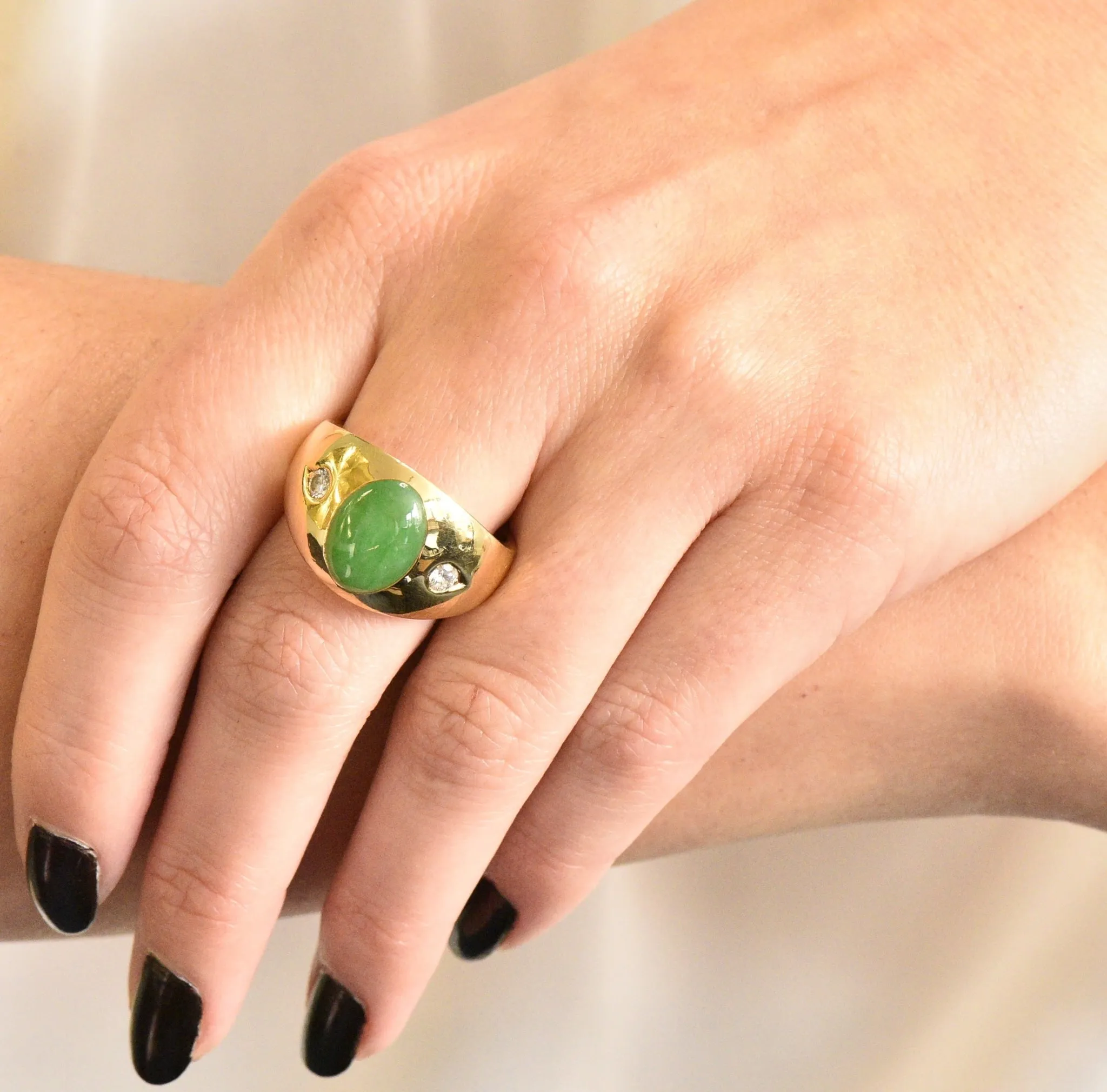 1950's Jadeite Jade Cabochon Diamond 18 Karat Gold Unisex Ring GIA