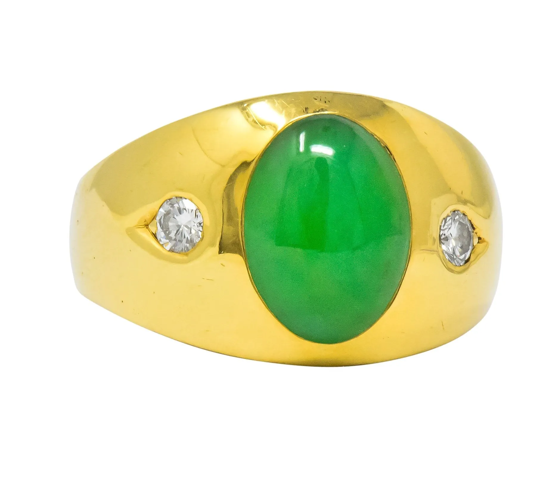 1950's Jadeite Jade Cabochon Diamond 18 Karat Gold Unisex Ring GIA