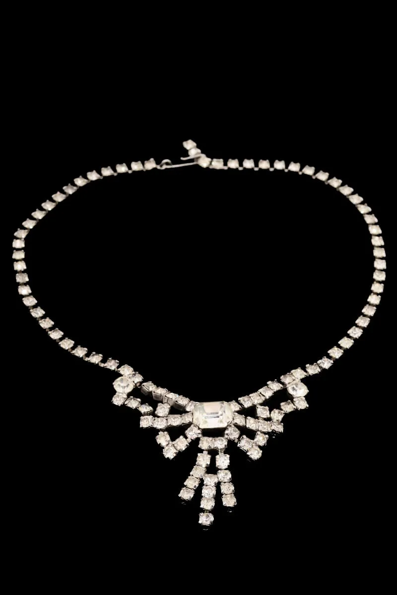 1950s Rhinestone Bow Choker Necklace w/ Large Center Stone