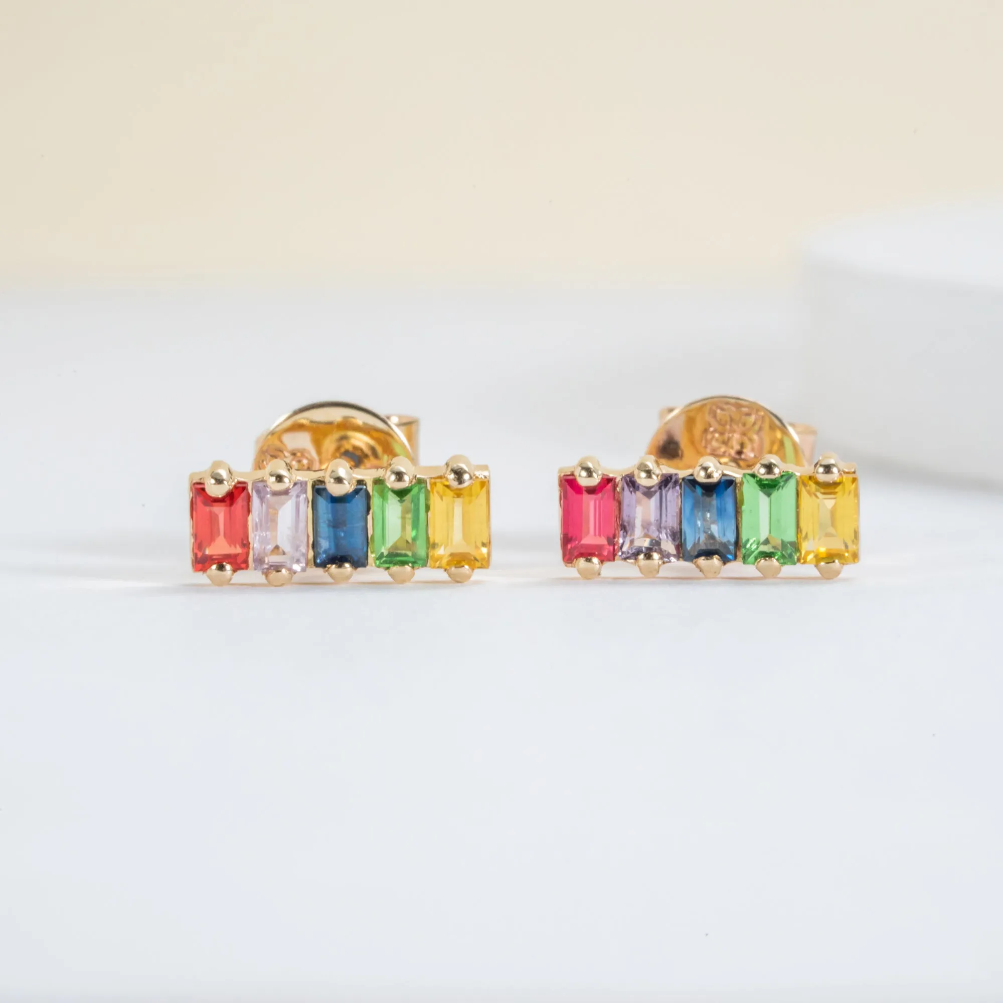 Baguette Rainbow Sapphire Bar Earrings, Kira