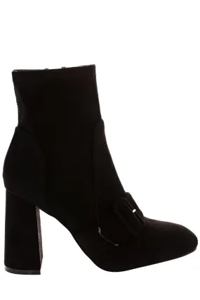 Black Faux Suede Ankle Boots With Buckle Detail