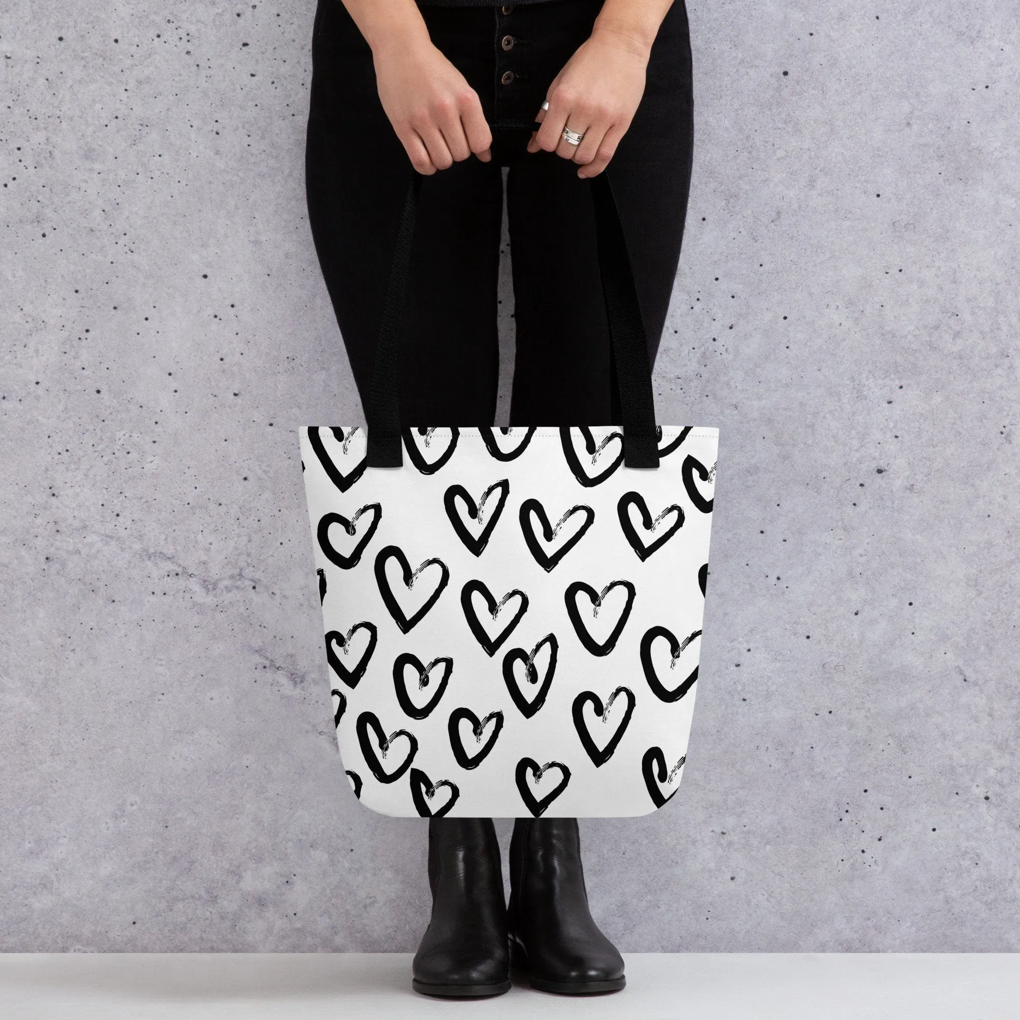 Brush Stroke Hearts Printed Canvas Tote Bag