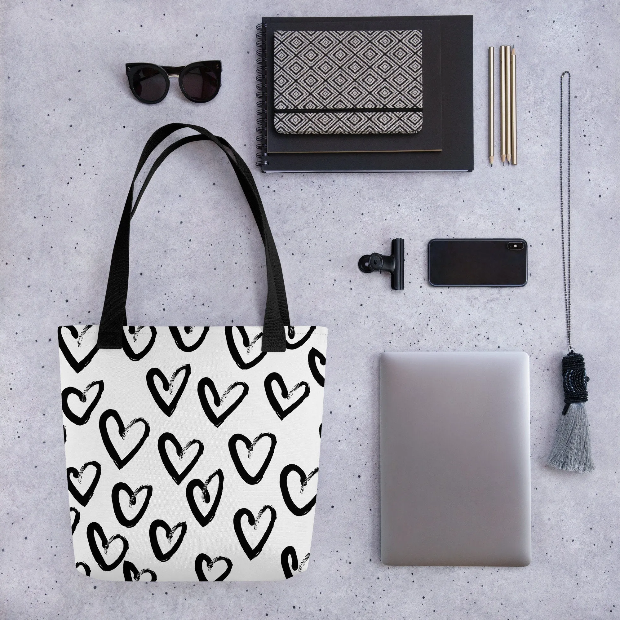 Brush Stroke Hearts Printed Canvas Tote Bag