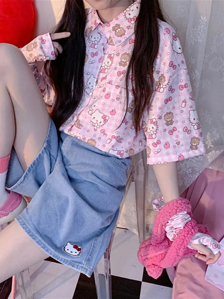 Cute Retro Hello Kitty Printed Oversized Short-Sleeve Shirt