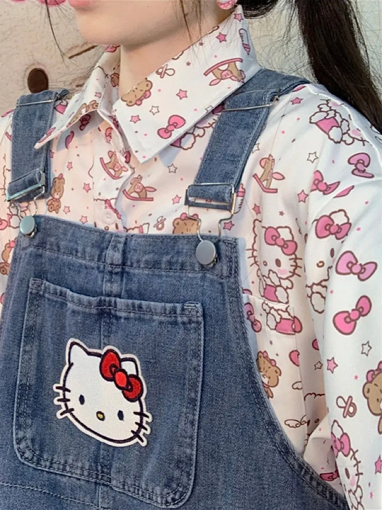 Cute Retro Hello Kitty Printed Oversized Short-Sleeve Shirt