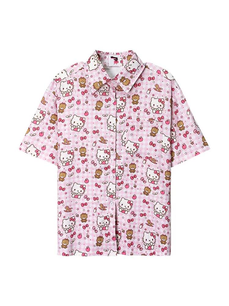 Cute Retro Hello Kitty Printed Oversized Short-Sleeve Shirt