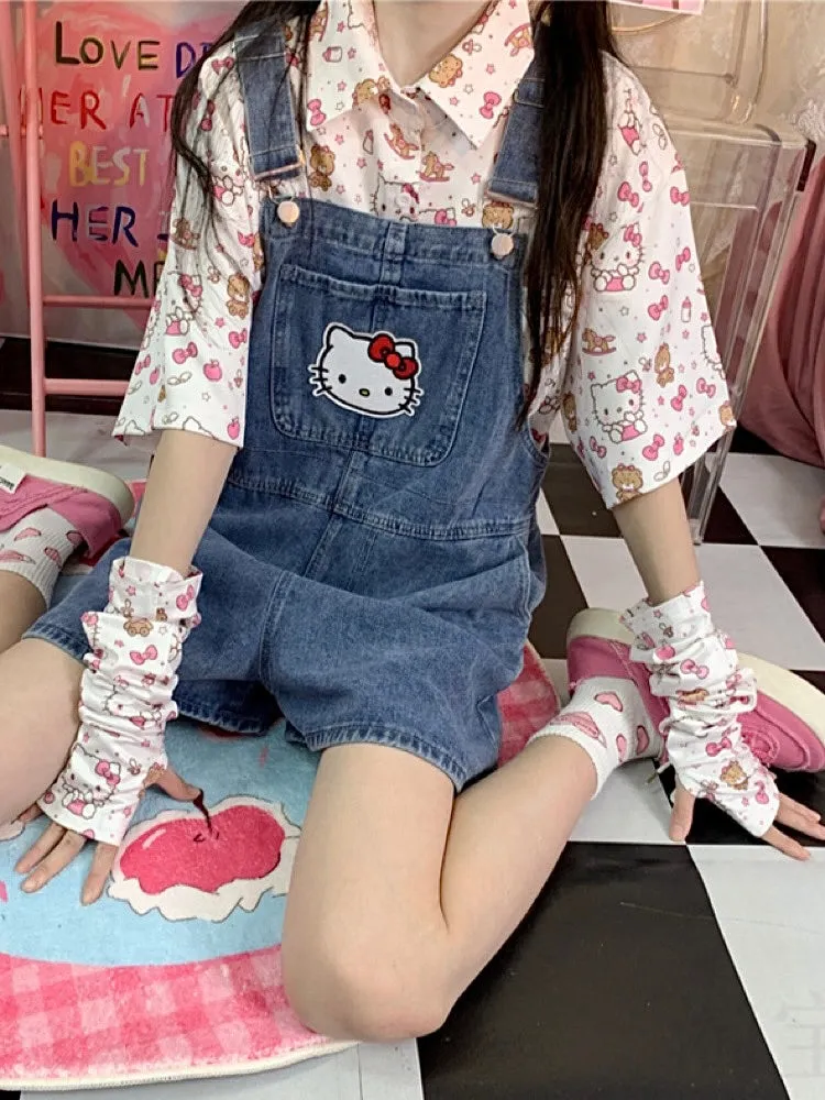 Cute Retro Hello Kitty Printed Oversized Short-Sleeve Shirt