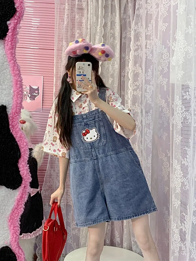 Cute Retro Hello Kitty Printed Oversized Short-Sleeve Shirt