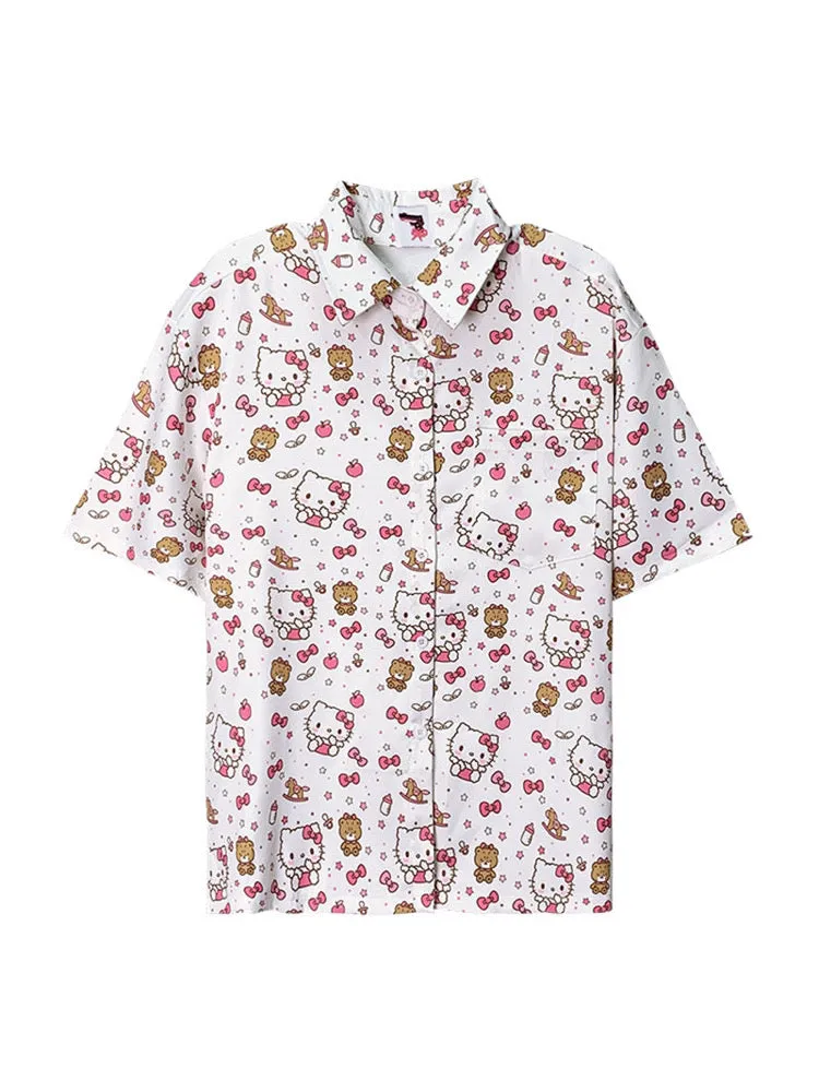 Cute Retro Hello Kitty Printed Oversized Short-Sleeve Shirt