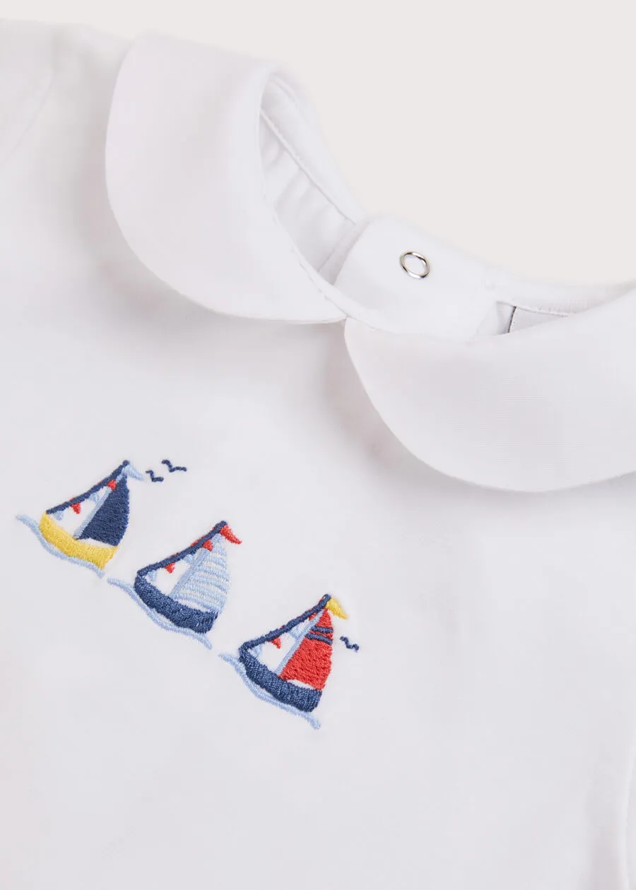 Embroidered Boat Motif Peter Pan Collar Bodysuit in White (3mths-2yrs)