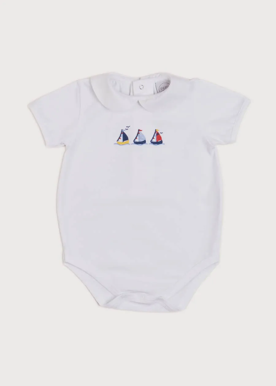 Embroidered Boat Motif Peter Pan Collar Bodysuit in White (3mths-2yrs)