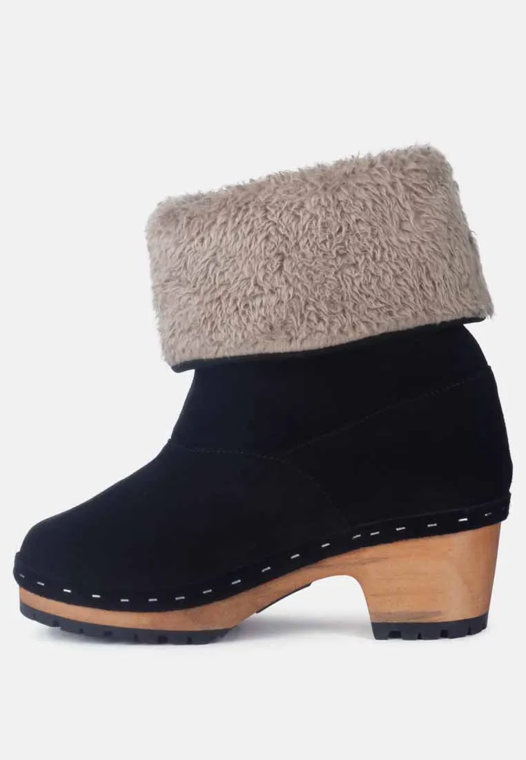 Juglans Fur Collared Ankle Clog Boots In Black By Ruw