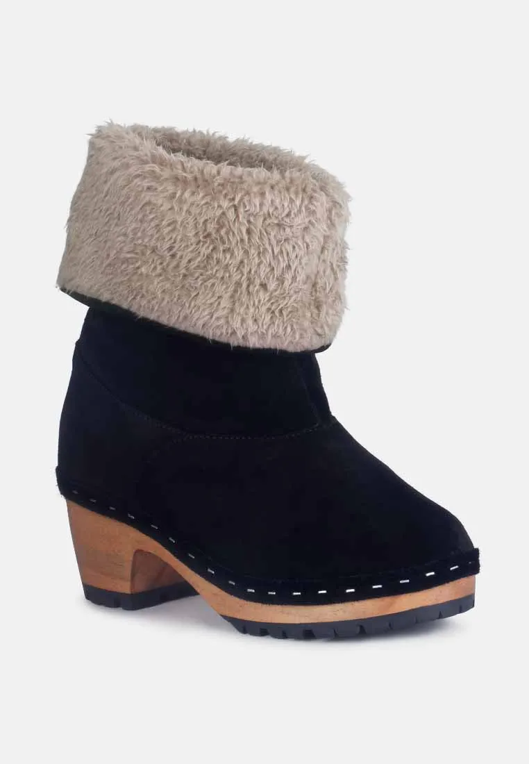 Juglans Fur Collared Ankle Clog Boots In Black By Ruw