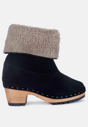 Juglans Fur Collared Ankle Clog Boots In Black By Ruw