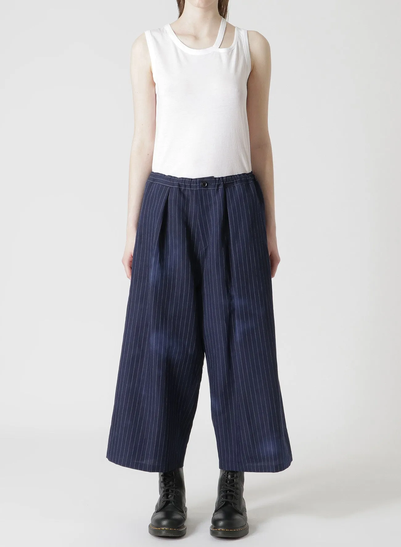 LINEN/COTTON PIN-STRIPED UNEVENLY DYED WIDE LEG PLEATED PANTS