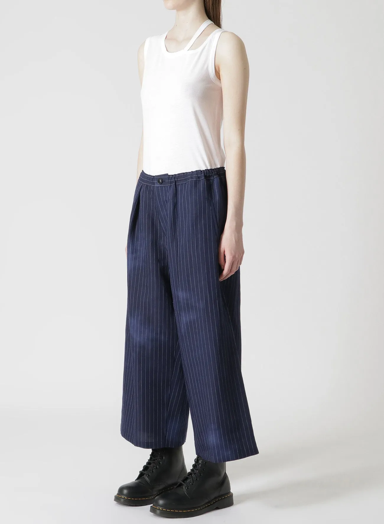 LINEN/COTTON PIN-STRIPED UNEVENLY DYED WIDE LEG PLEATED PANTS