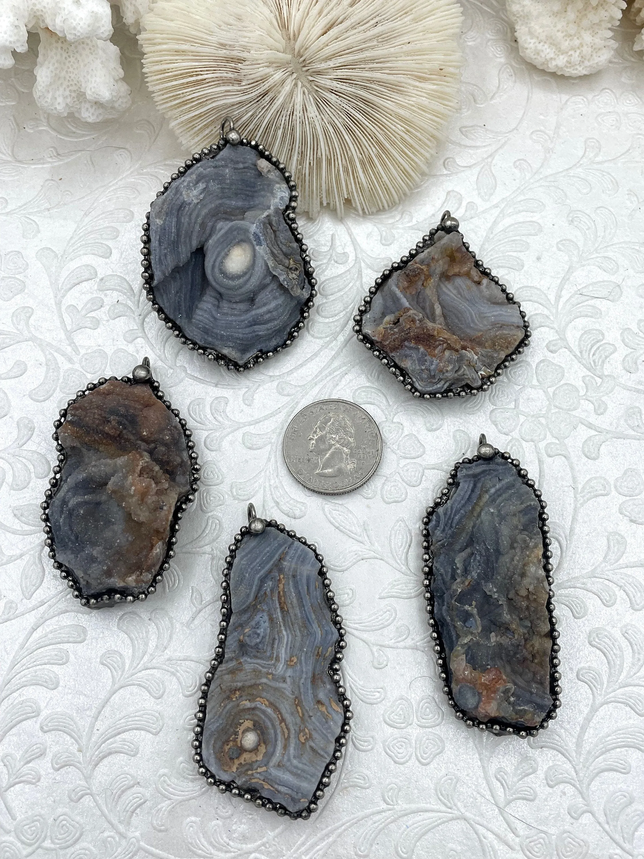 Natural Agate Mixed Shape Pendants with Textured Burnished Silver Soldered Bezel. Variety of sizes and stones, all unique. Fast Ship