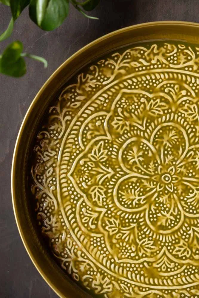 Olive Green Floral Detail Serving Tray