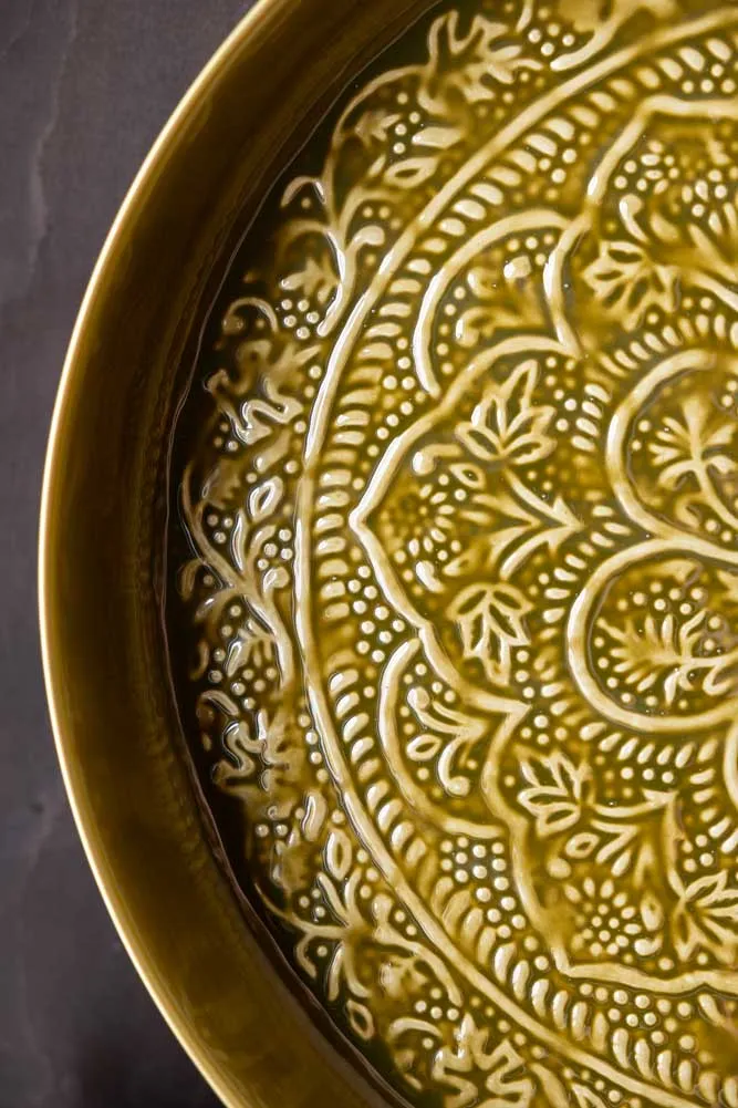 Olive Green Floral Detail Serving Tray