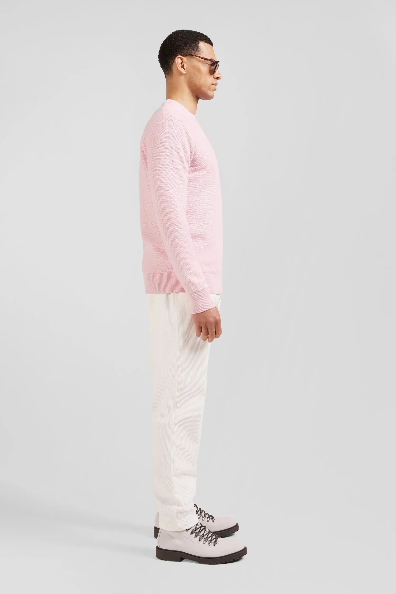 Pull col rond uni en coton rose coupe Regular