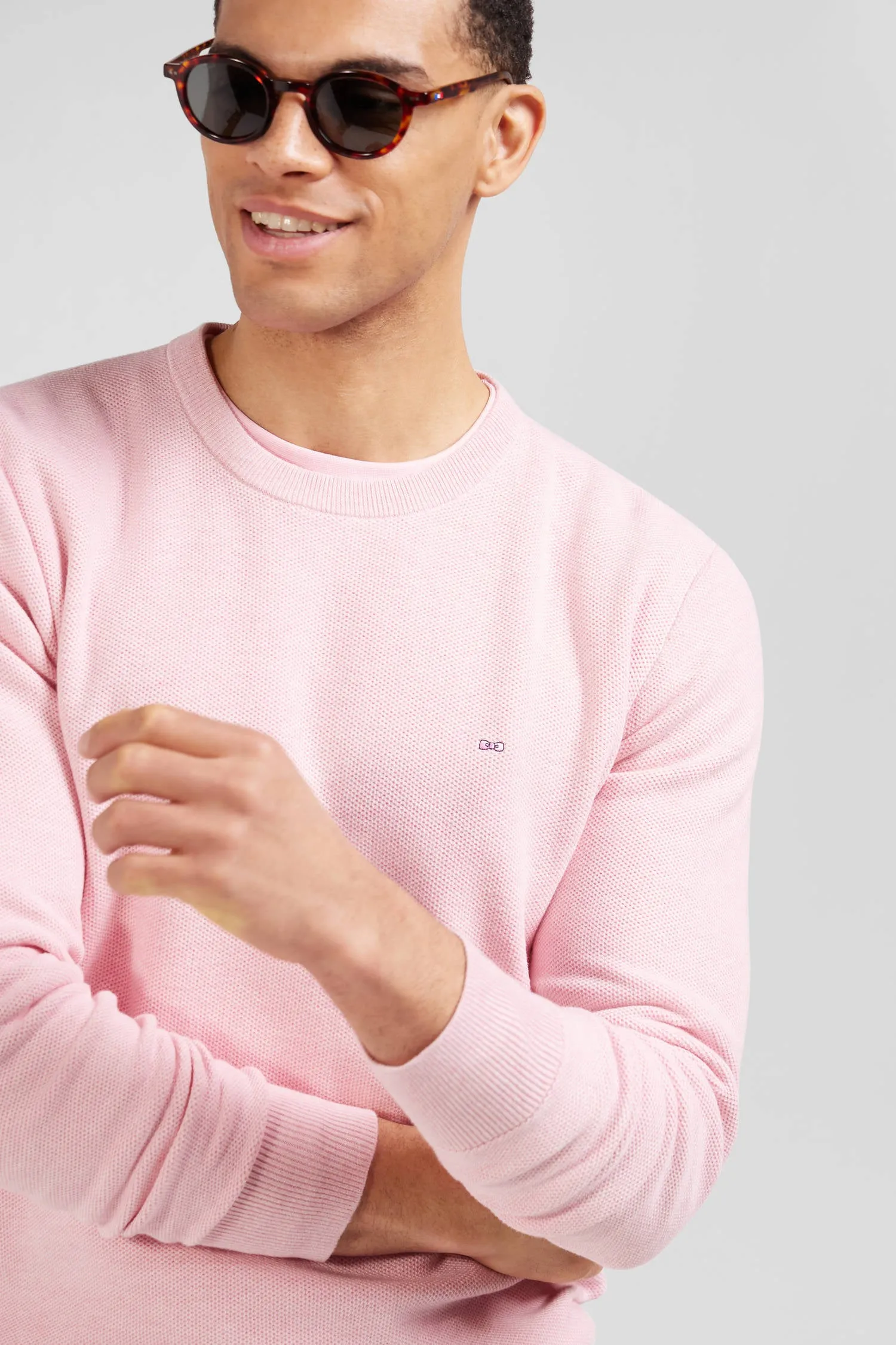 Pull col rond uni en coton rose coupe Regular