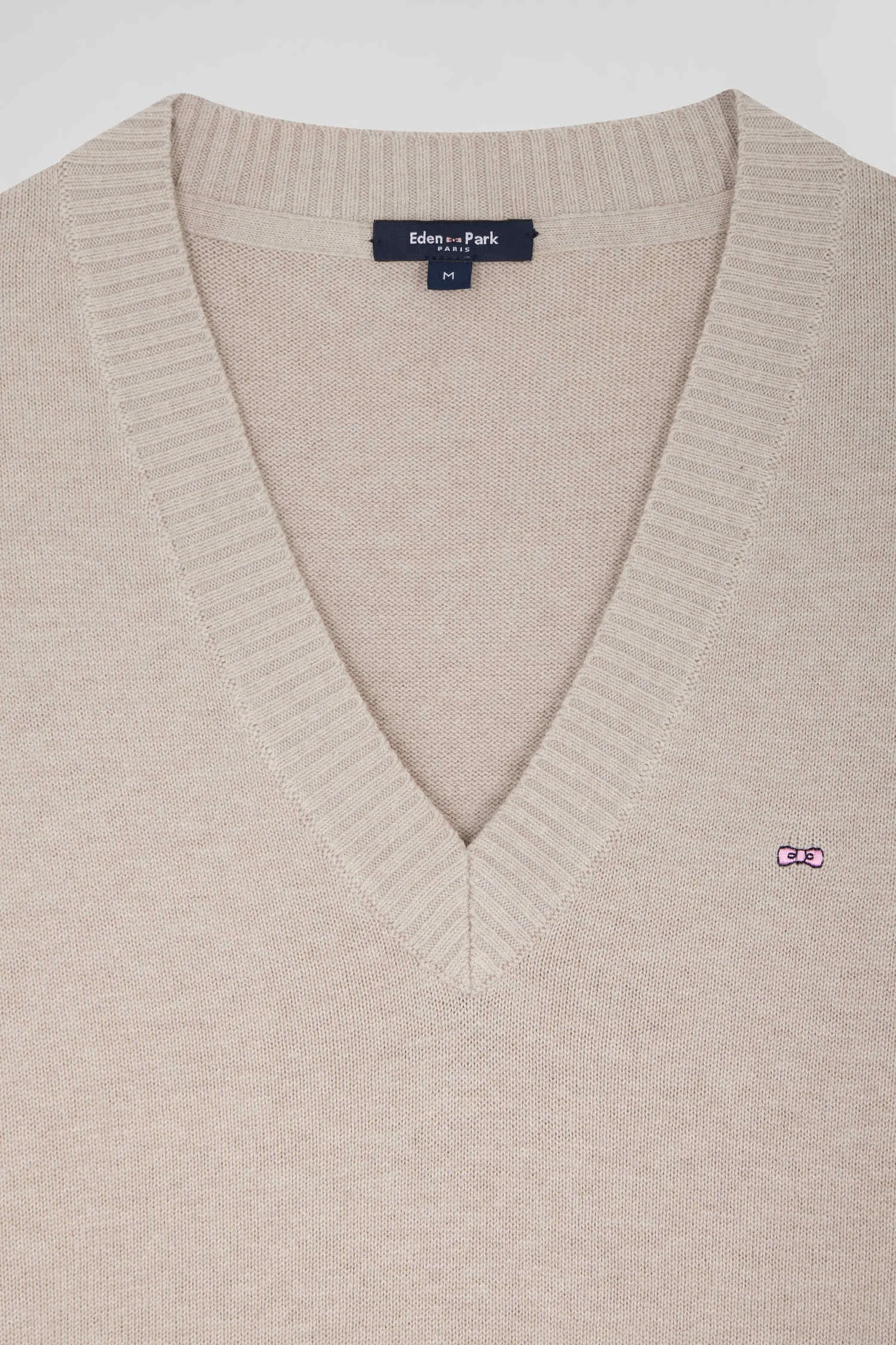 Pull col V en laine et coton beige coupe Relaxed