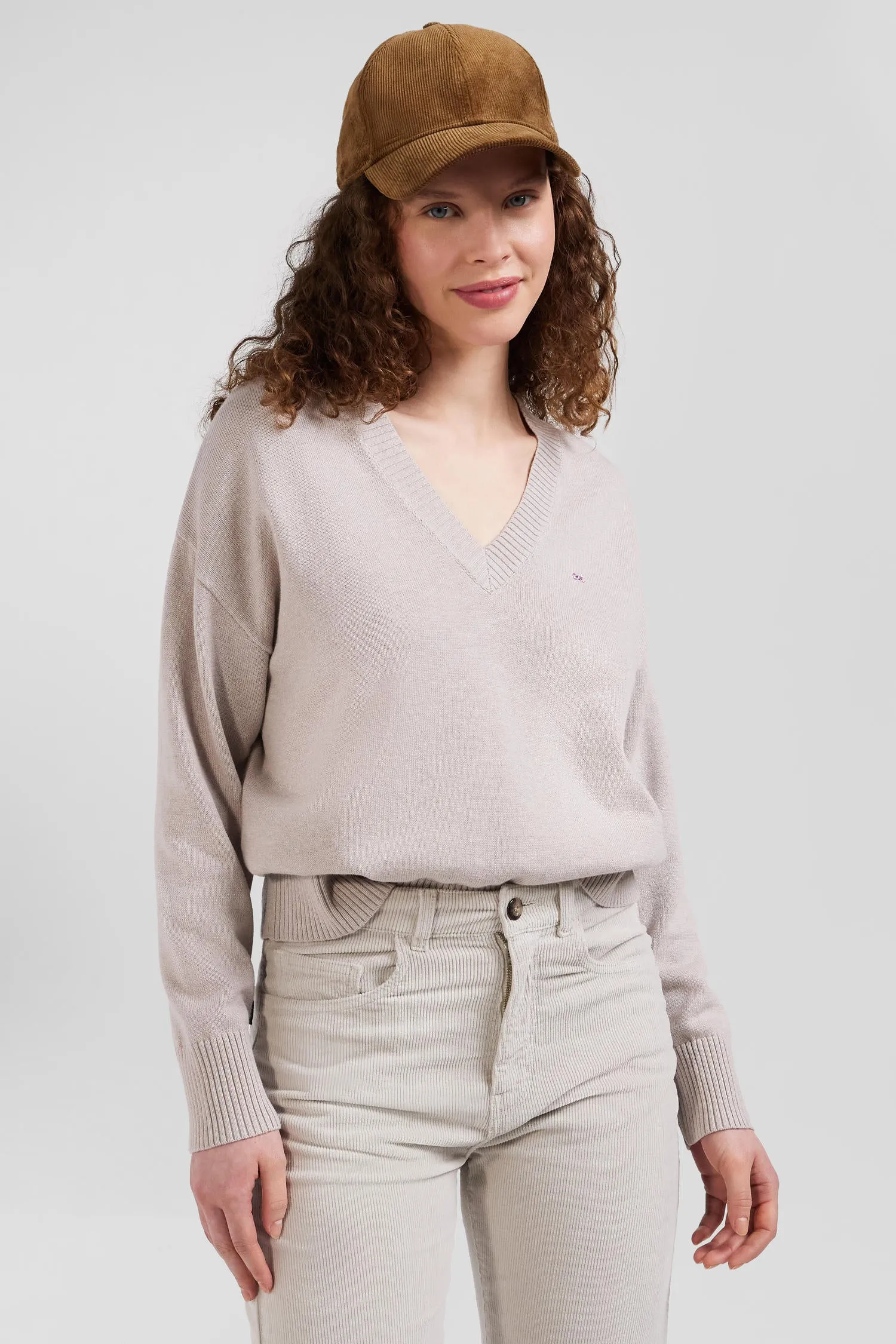 Pull col V en laine et coton beige coupe Relaxed