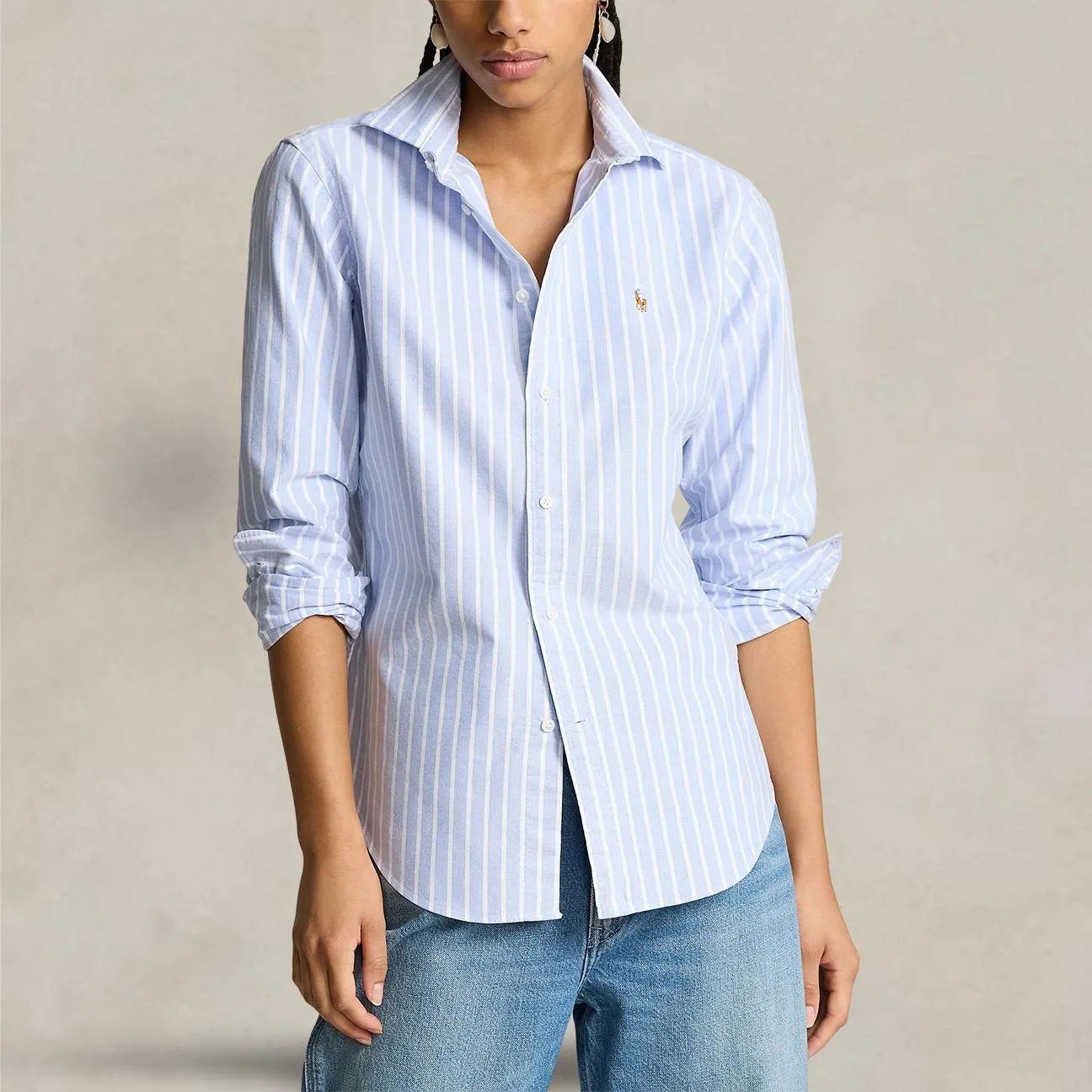 Slim-Fit women's light blue striped Oxford shirt