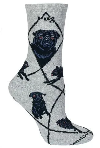 Wheel House Designs Pug Black on Grey Sock