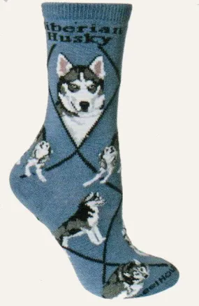 Wheel House Designs Siberian Husky On Blue Novelty Sock